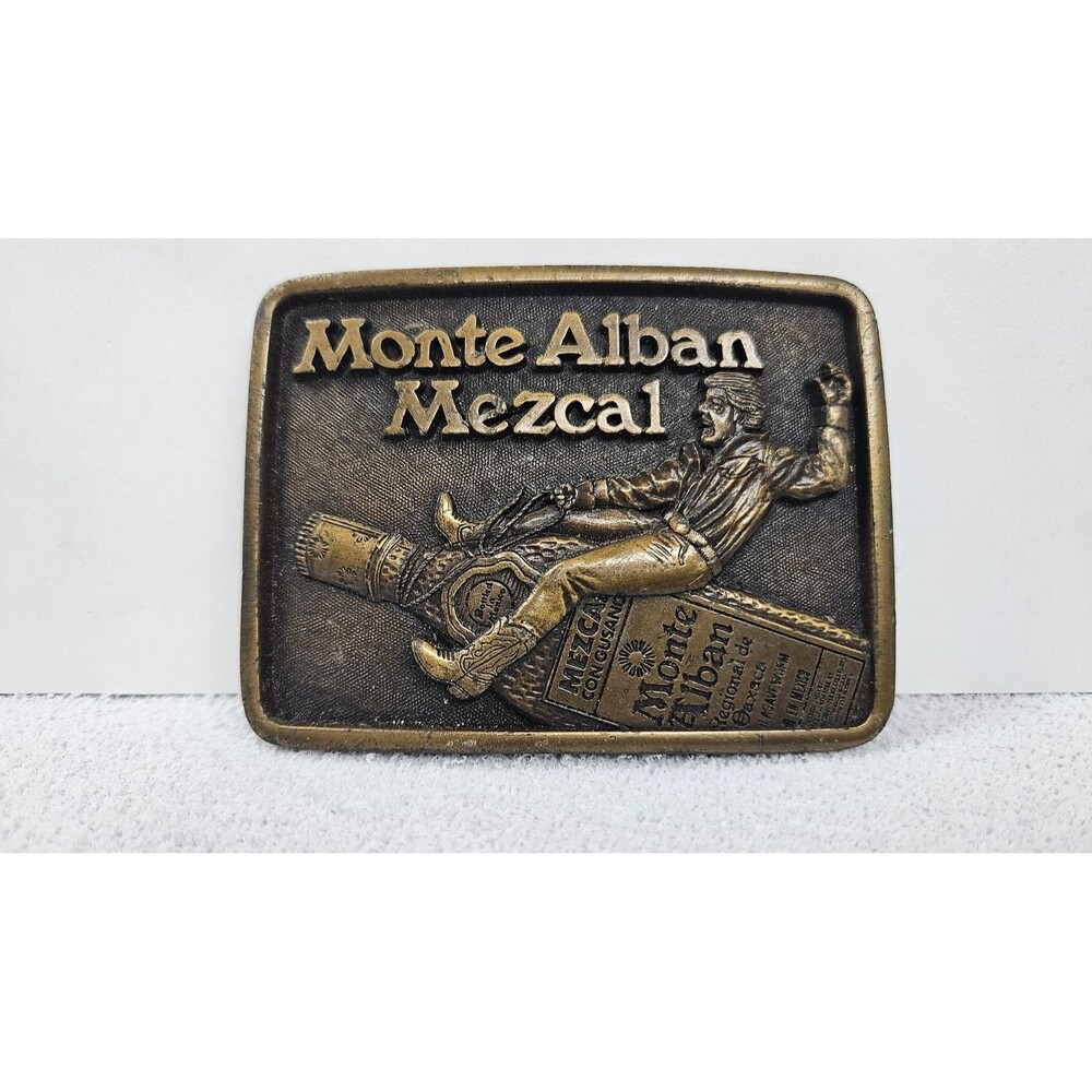 Vintage Monte Alban Mezcal Belt Buckle Gold Tone Metal Barton Brands Chicago